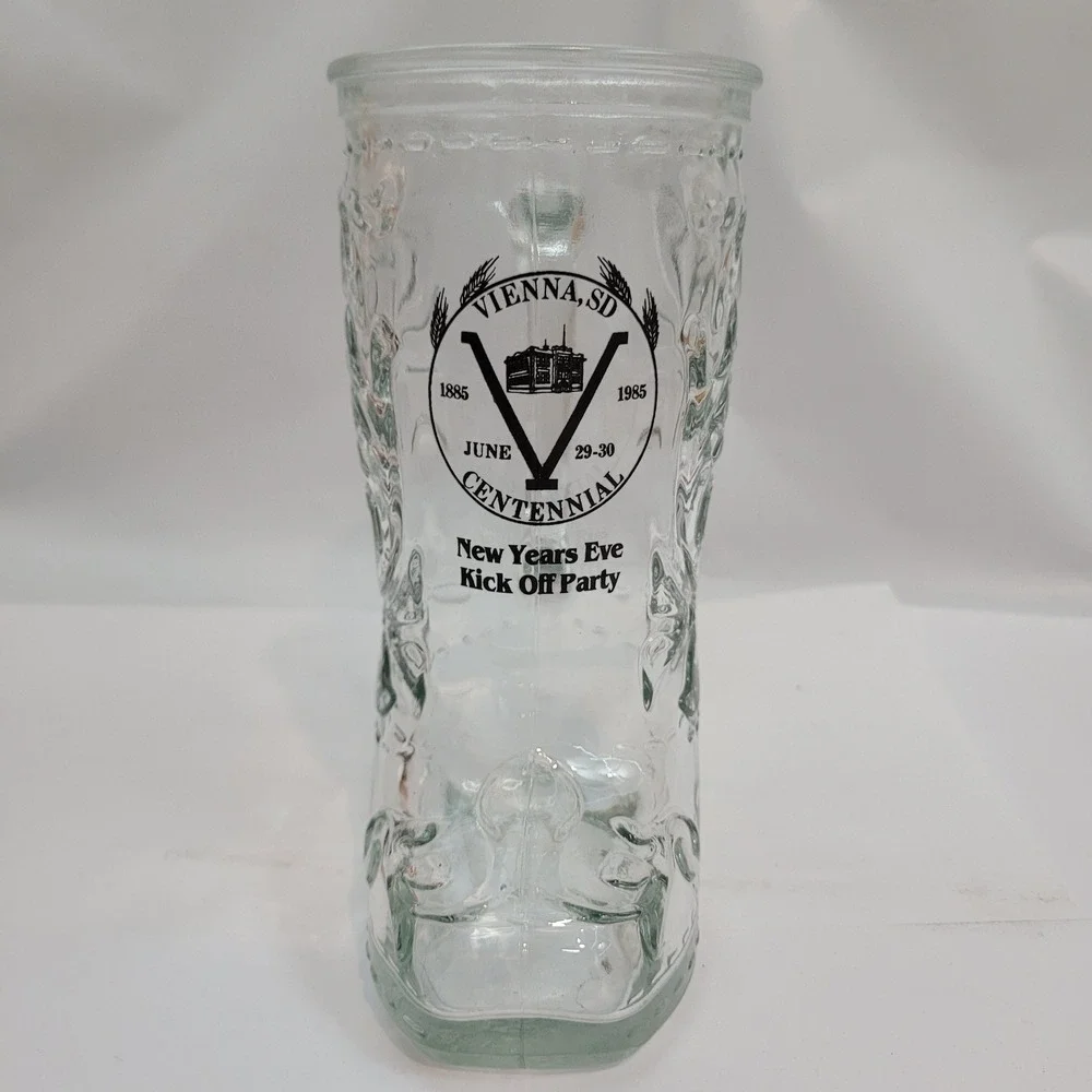 Vienna SD Centennial Cowboy Boot Glass Mug Souvenir 1885-1985 Clear Barware